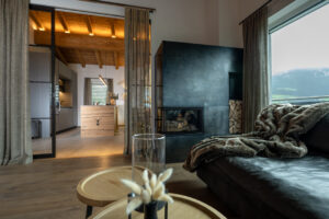 Wooden interior design. Living room and kitchen.