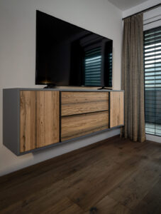 Oak TV cabinet with grey frame