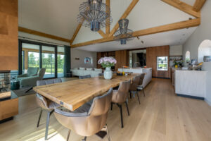 8 person oak table integrated in kitchen island