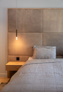 Beige suede headboard oak nightstand