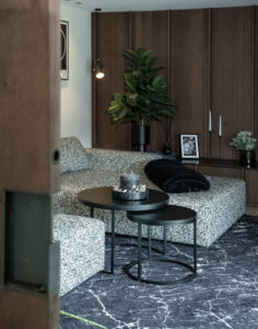 Smoked oak sliding door and wall panneling in living room