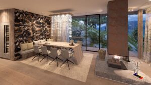 Diningroom with oak table and bronze fireplace