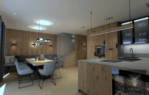 kitchen with Rauriser natural stone, wine cooler, and glass fronts. A solid, one-of-a-kind oak dining table with a sturdy stainless steel frame completes the space.