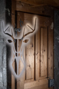 Chalet bathroom featuring dark shower wall with subtle stag design.