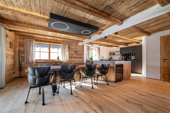 Alpine Chalet Kitchen with Island and Integrated Oak Table