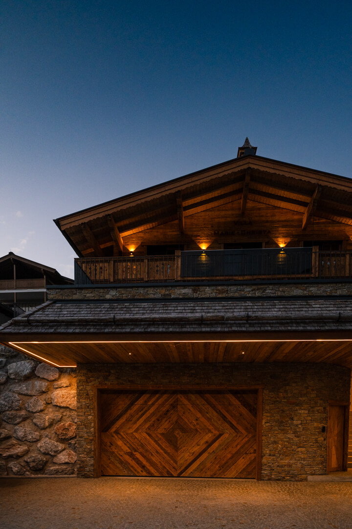 illuminated chalet exterior