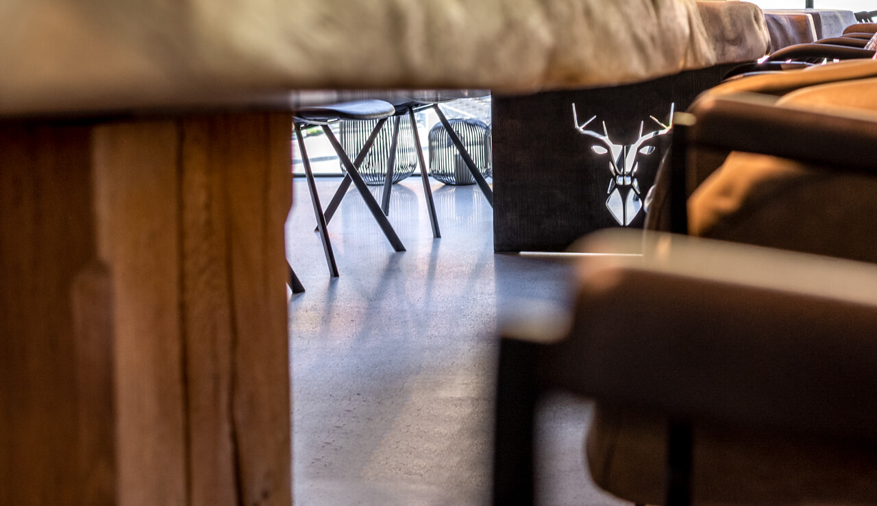 Long oak table with steel frame