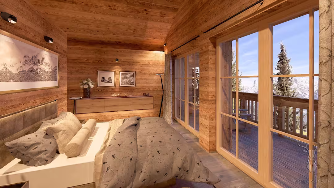 Reclaimed wooden master bedroom design mountain view