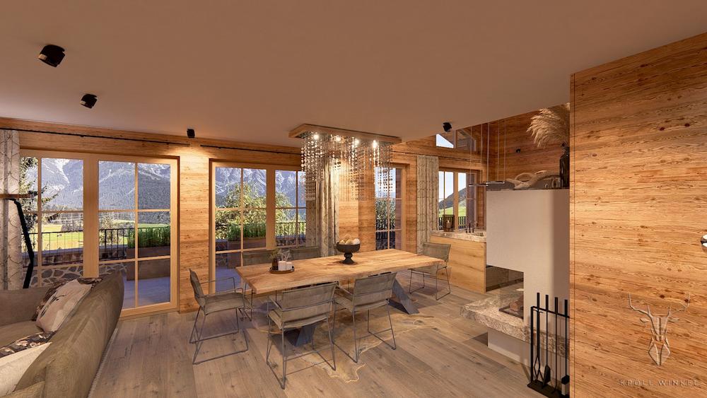 Alpine Interior design table and dining room with Swarovski lighting fixtures.