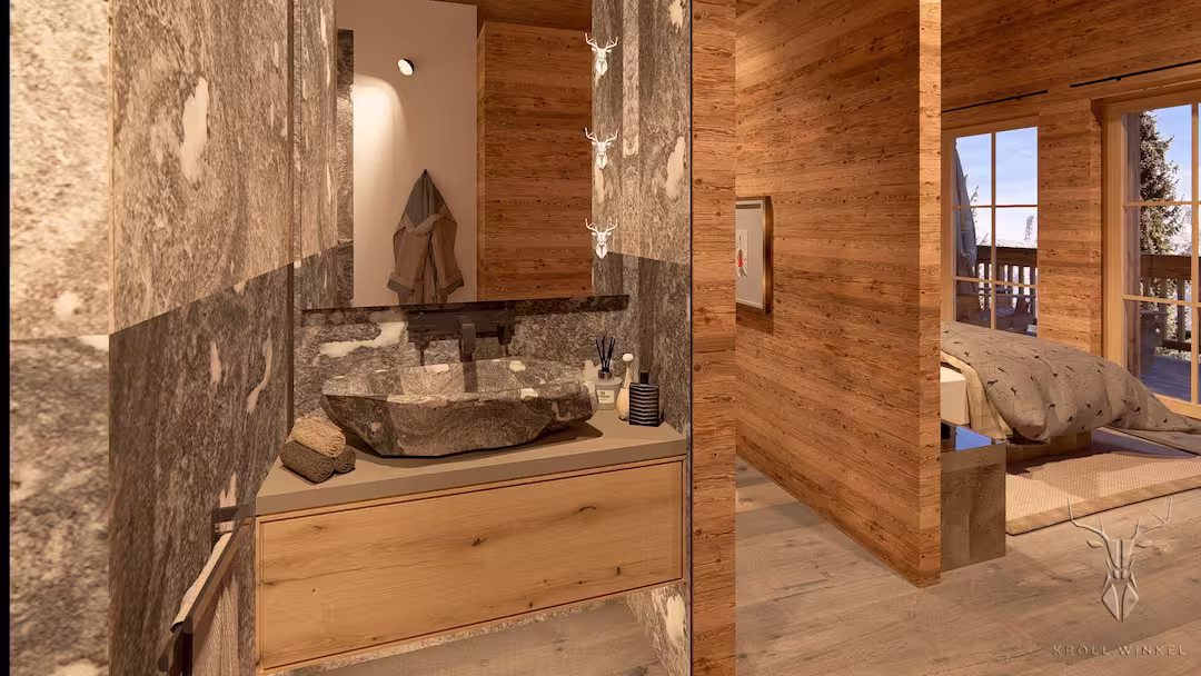 Rough natural grey stone badroom tiles and matching sink with oak furniture.