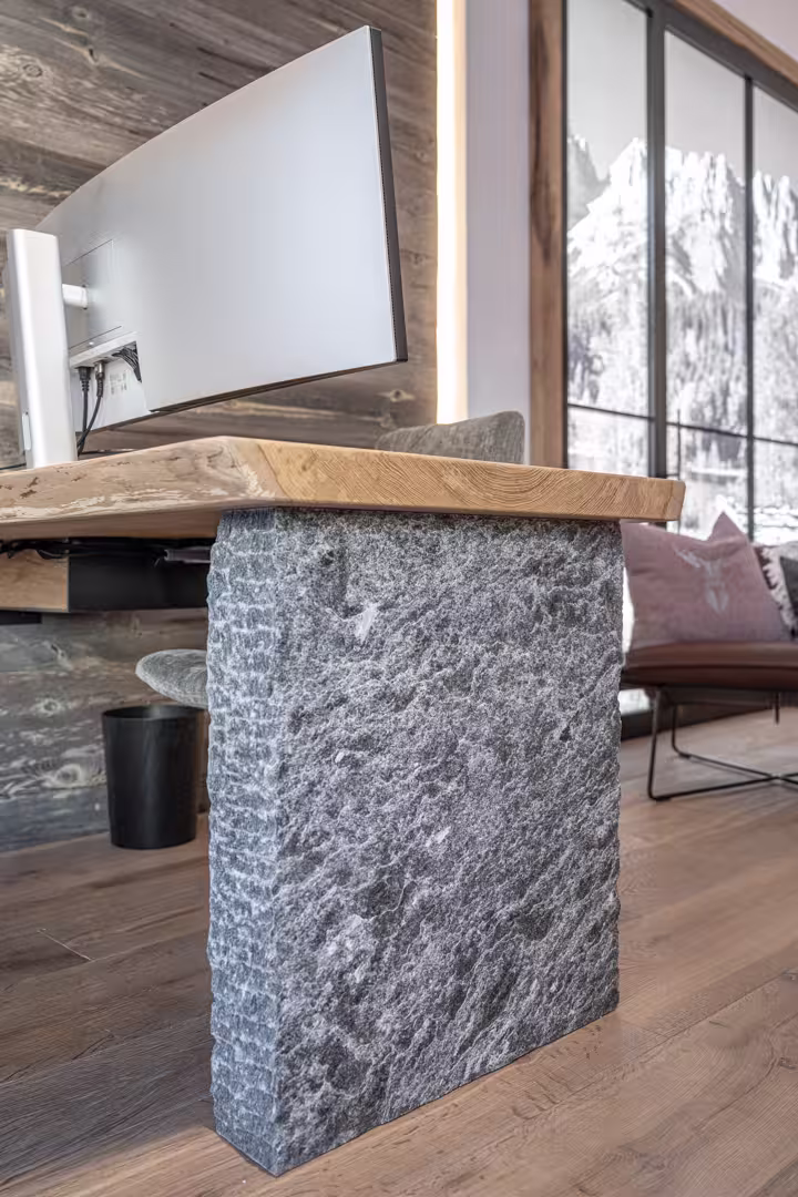 Solid stone desk with oak Tabletop