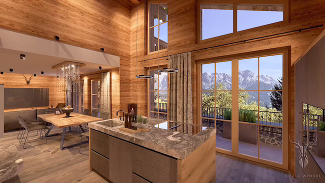 Alpine Interior visualisation kitchen oak with stone and steel