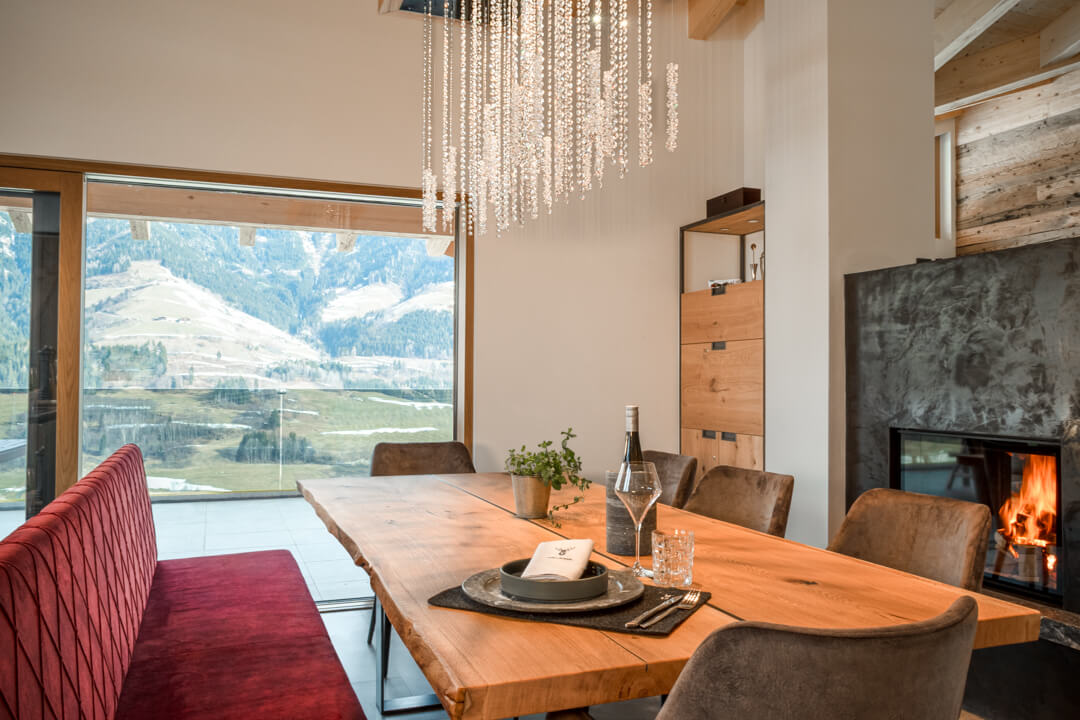 Chalet oak table with custom bench