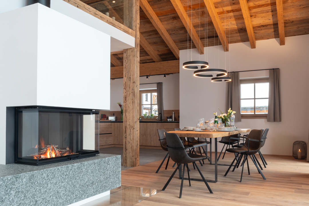Fireplace and a set large oak dinner table